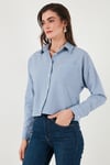 Regular Fit Çizgili Göğüs Cepli Dokulu Kadın Gömlek 6772870 İNDİGO