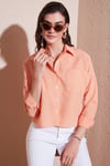 Regular Fit Çizgili Göğüs Cepli Dokulu Kadın Gömlek 6772870 ORANJ