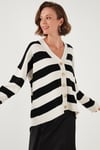 Regular Fit Çizgili V Yaka Düğmeli Soft Akrilik Kadın Hırka 4615188 Taş-Siyah