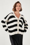 Regular Fit Çizgili V Yaka Düğmeli Soft Akrilik Kadın Hırka 4615188 Taş-Siyah
