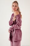 Regular Fit Dantelli Yumuşak Dokulu Sabahlıklı Kadife Kadın Pijama Takımı 6095545 PUDRA