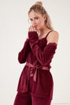 Regular Fit Dantelli Yumuşak Dokulu Sabahlıklı Kadife Kadın Pijama Takımı 6095545 BORDO