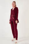 Regular Fit Dantelli Yumuşak Dokulu Sabahlıklı Kadife Kadın Pijama Takımı 6095545 BORDO