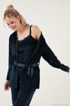 Regular Fit Dantelli Yumuşak Dokulu Sabahlıklı Kadife Kadın Pijama Takımı 6095545 LACİVERT