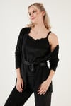 Regular Fit Dantelli Yumuşak Dokulu Sabahlıklı Kadife Kadın Pijama Takımı 6095545 SİYAH