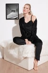 Regular Fit Dantelli Yumuşak Dokulu Sabahlıklı Kadife Kadın Pijama Takımı 6095545 SİYAH