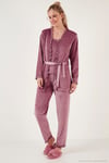 Regular Fit Dantelli Yumuşak Dokulu Sabahlıklı Kadife Kadın Pijama Takımı 6095545 PUDRA