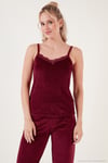 Regular Fit Dantelli Yumuşak Dokulu Sabahlıklı Kadife Kadın Pijama Takımı 6095545 BORDO