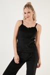 Regular Fit Dantelli Yumuşak Dokulu Sabahlıklı Kadife Kadın Pijama Takımı 6095545 SİYAH