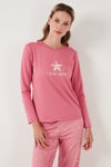Regular Fit Desenli Bisiklet Yaka Kadın Pijama Takımı 65719102 PEMBE