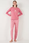 Regular Fit Desenli Bisiklet Yaka Kadın Pijama Takımı 65719102 PEMBE