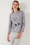 Regular Fit Desenli Bisiklet Yaka Kadın Pijama Takımı 65719102 GRİ
