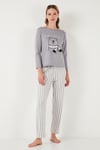 Regular Fit Desenli Bisiklet Yaka Kadın Pijama Takımı 65719102 GRİ