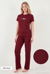 Regular Fit Desenli Bisiklet Yaka Kısa Kollu Kadın Pijama Takımı 65770823 BORDO