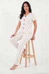Regular Fit Desenli V Yaka Kısa Kollu Kadın Pijama Takımı 65770836 BEYAZ-KIRMIZI