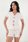 Regular Fit Desenli V Yaka Şortlu Kadın Pijama Takımı 65770837 BEYAZ-KIRMIZI