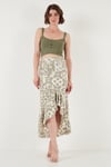 Regular Fit Desenli Yüksek Bel Volanlı Midi Boy Yırtmaçlı Kadın Etek 5869013 Olive