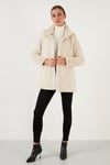 Regular Fit Dik Yaka Cepli Yumuşak Dokulu Suni Kürk Onlvida Kadın Mont 15164600 TAŞ