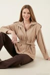 Regular Fit Dik Yaka Geniş Omuzlu Kuşaklı Kadın Trençkot 6927623 TAŞ