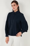 Regular Fit Dikiş Detaylı Düz Yaka Balon Kol Kadın Gömlek 611GO00003 LACİVERT