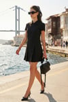 Regular Fit Fermuarlı Polo Yaka Kısa Kollu Pileli Süet Kadın Elbise 5866438 SİYAH