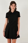 Regular Fit Fermuarlı Polo Yaka Kısa Kollu Pileli Süet Kadın Elbise 5866438 SİYAH