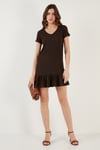 Regular Fit Fırfırlı V Yaka Bürümcük Mini Kadın Elbise 5865071 KAHVE