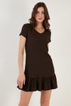 Regular Fit Fırfırlı V Yaka Bürümcük Mini Kadın Elbise 5865071 KAHVE
