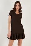 Regular Fit Fırfırlı V Yaka Bürümcük Mini Kadın Elbise 5865071 KAHVE