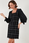 Regular Fit Kare Yaka Balon Şifon Kollu Mini Kadın Elbise 611EL0532 SİYAH