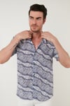 Regular Fit Kısa Kollu Apaş Yaka Desenli Erkek Gömlek CF21S114293 İNDİGO-BEYAZ