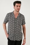 Regular Fit Kısa Kollu Apaş Yaka Desenli Erkek Gömlek CF21S114293 BEYAZ-SİYAH