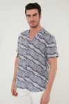 Regular Fit Kısa Kollu Apaş Yaka Desenli Erkek Gömlek CF21S114293 İNDİGO-BEYAZ