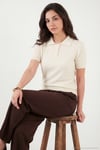 Regular Fit Kısa Kollu Düğmeli Triko Kadın Polo Yaka Kazak 4617056 EKRU