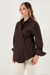 Regular Fit Klasik Yaka Bağlamalı Uzun Kollu Kadın Gömlek 6834987 KAHVE