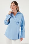 Regular Fit Klasik Yaka Bağlamalı Uzun Kollu Kadın Gömlek 6834987 MAVİ