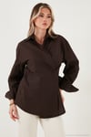 Regular Fit Klasik Yaka Bağlamalı Uzun Kollu Kadın Gömlek 6834987 KAHVE