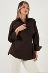 Regular Fit Klasik Yaka Bağlamalı Uzun Kollu Kadın Gömlek 6834987 KAHVE