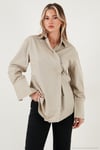 Regular Fit Klasik Yaka Bağlamalı Uzun Kollu Kadın Gömlek 6834987 BEJ