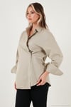 Regular Fit Klasik Yaka Bağlamalı Uzun Kollu Kadın Gömlek 6834987 BEJ