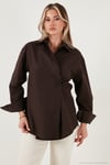 Regular Fit Klasik Yaka Bağlamalı Uzun Kollu Kadın Gömlek 6834987 KAHVE