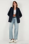 Regular Fit Klasik Yaka Desenli Astar Detaylı Blazer Kadın Ceket 6839227 LACİVERT