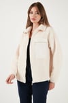 Regular Fit Klasik Yaka Göğüs Cep Detaylı Peluş Hırka Kadın Polar 5866437 KREM