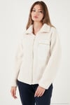 Regular Fit Klasik Yaka Göğüs Cep Detaylı Peluş Hırka Kadın Polar 5866437 EKRU