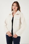 Regular Fit Klasik Yaka Göğüs Cep Detaylı Peluş Hırka Kadın Polar 5866437 EKRU
