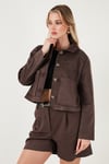 Regular Fit Klasik Yaka Süet Dokulu Cep Detaylı Kadın Ceket 6524992 KAHVE