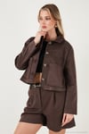 Regular Fit Klasik Yaka Süet Dokulu Cep Detaylı Kadın Ceket 6524992 KAHVE