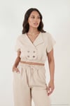 Regular Fit Kruvaze Yaka Düğme Detaylı Crop Kadın Takım 5866446 TAŞ