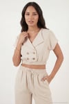 Regular Fit Kruvaze Yaka Düğme Detaylı Crop Kadın Takım 5866446 TAŞ