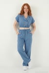 Regular Fit Kruvaze Yaka Düğme Detaylı Crop Kadın Takım 5866446 MAVİ
